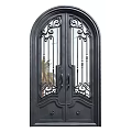 Black Double Arched Top Wrought Iron Gate with Intricate Scroll Designs and Glass Panels