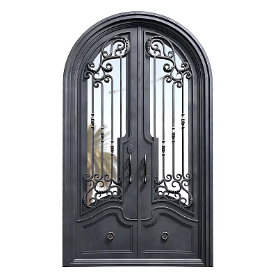 Black Double Arched Top Wrought Iron Gate with Intricate Scroll Designs and Glass Panels 3d model