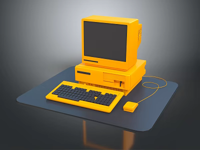 Vintage Yellow Electronic Computer With Monitor Tower Keyboard And Mouse On Black Mat 3d model