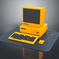 Vintage Yellow Electronic Computer With Monitor Tower Keyboard And Mouse On Black Mat