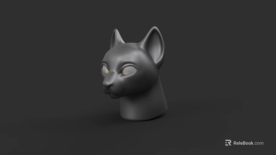 Black 3D Cat Head Sculpture With Smooth Surface And Yellow Eyes 3d model 