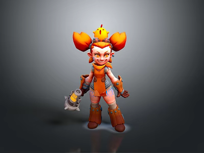 Playful Fantasy Cartoon Character With Orange Horns Crown Orange Outfit Holding Tool 3d model