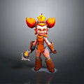 Playful Fantasy Cartoon Character With Orange Horns Crown Orange Outfit Holding Tool
