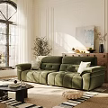 Green Three Seater Sofa in Sunlit Living Room with White Pillows Plant And Cabinet