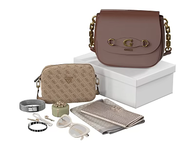 Stylish Brown Handbag With Chain Strap Patterned Pouch And Accessories Set 3d model