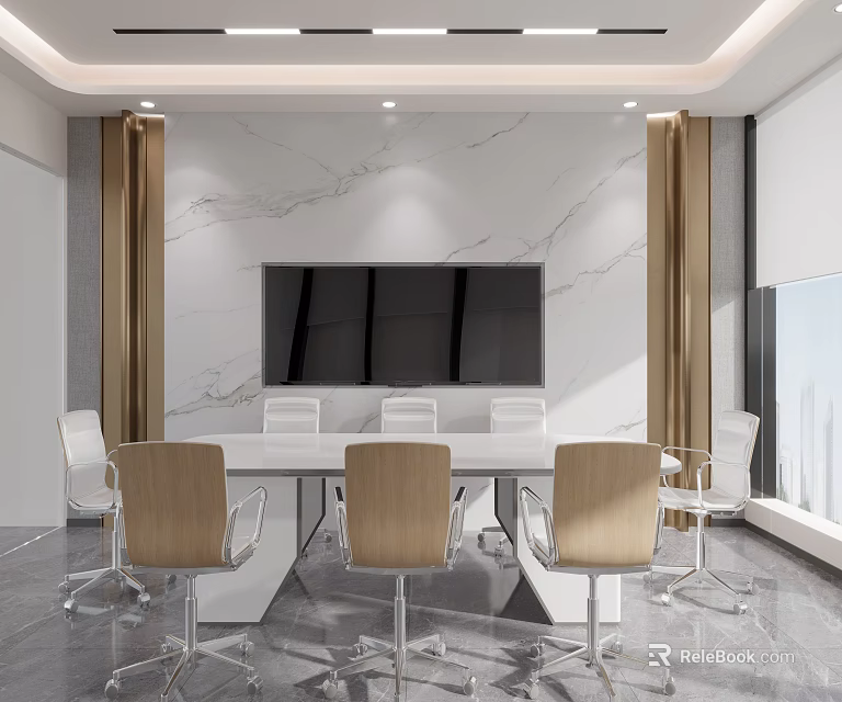 Modern Conference Room Interior With Marble Wall Large TV Screen Conference Table And Chairs 3d model 