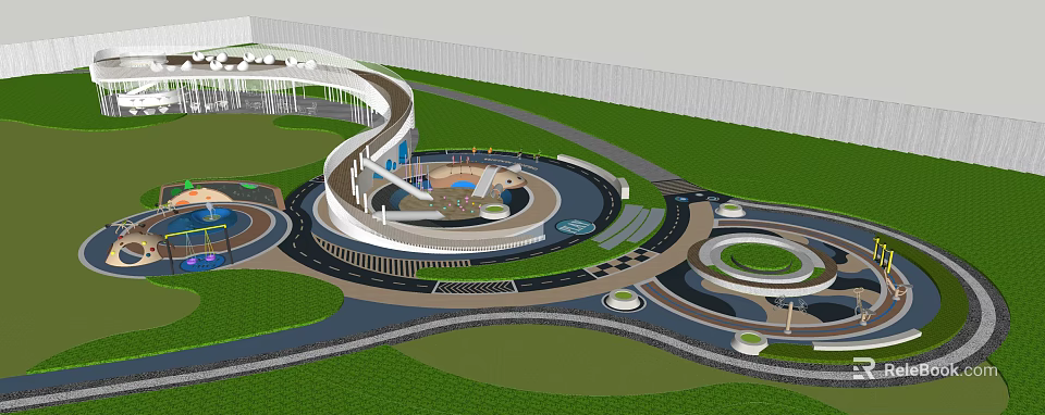 Spiral Shaped Kids Playground Design With Open Green Lawn And Circular Pathways 3d model 