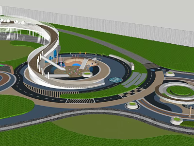 Spiral Shaped Kids Playground Design With Open Green Lawn And Circular Pathways 3d model