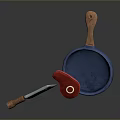 Silver Kitchen Knife Red Round Object And Blue Pan With Wooden Handles