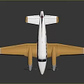 Small White and Yellow Airplane with Twin Propellers Windows Landing Gear on Dark Background