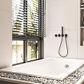 Modern Bathroom Interior Featuring White Bathtub Window Blinds And Shelves With Toiletries