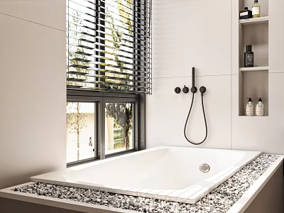 Modern Bathroom Interior Featuring White Bathtub Window Blinds And Shelves With Toiletries 3d model