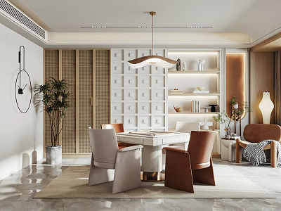 Elegant Hotel Mahjong Room Interior With Wooden Table Comfortable Chairs And Decorative Plants 3d model