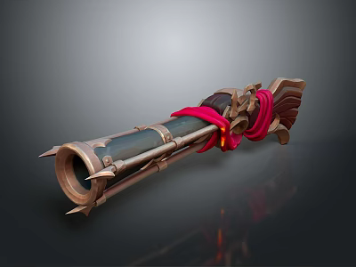 3D Rendered Long Barrel Weapon With Red Cloth And Metallic Decorative Details 3d model