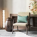 Accent Chair With Green Cushion Wooden Stool And Decorative Painting In Living Room Interior