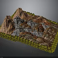 3D Terrain Model with Colorful Mountain Rock Layers and Green Grid Border