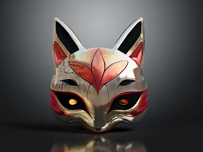 Fox Mask Design With Gold And Red Patterns And Glowing Yellow Eyes 3d model