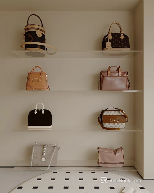 Stylish Leather Handbags On Display Shelves With Various Styles And Colors 3d model 