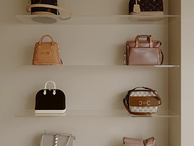 Stylish Leather Handbags On Display Shelves With Various Styles And Colors 3d model