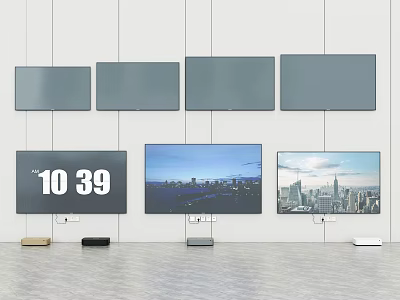 Multiple Wall Mounted And Standing Televisions Displaying Time And Cityscape Views 3d model
