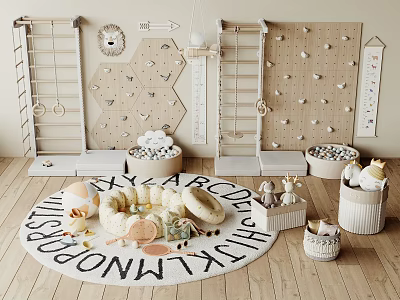 Kids Playroom With Wooden Climbing Ladders Hexagon Wall Panels Alphabet Rug And Stuffed Toys 3d model