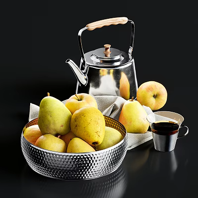 Ceramic Vessels Set Including Kettle Bowl Filled With Pears Apples And Coffee Cup 3d model