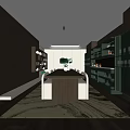 Modern Restaurant Interior With Long Dining Table White Chairs Dark Wooden Walls And Green Cabinets