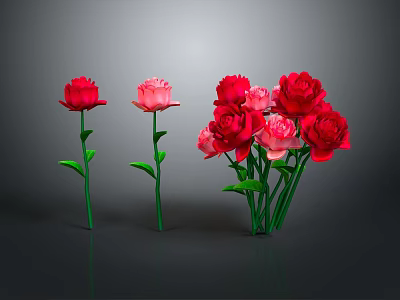 Red and Pink Roses Displayed As Single Stem And Bunch With Green Stems And Leaves 3d model