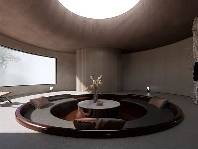 Modern Living Room With Circular Sofa Round Coffee Table Skylight Large Window And Stone Walls 3d model