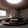 Modern Living Room With Circular Sofa Round Coffee Table Skylight Large Window And Stone Walls