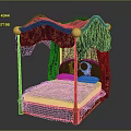 Elegant Double Bed With Dark Blue Gold Patterned Canopy Purple Frame And Pink Pillows