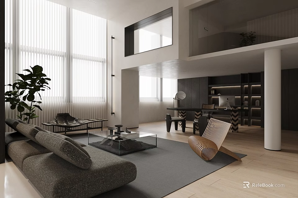 Modern Loft Living Room With Large Sofa And Glass Coffee Table 3d model