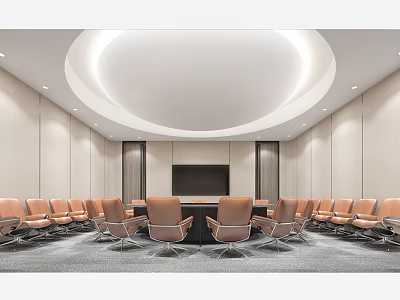 Modern Conference Room Interior With Circular Ceiling Light Large Table Brown Chairs and Large Screen 3d model