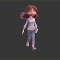 Game Movie Female Character With Long Red Hair White Shirt Blue Pants Walking Holding Notebook