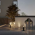 Modern Garden Landscape With Illuminated Stone Wall Archway Tree Pathway And Building