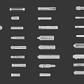 Multiple White Cylindrical Weapon Parts Arranged On Black Background