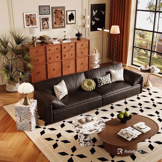 Modern Living Room Interior With Black Leather Sofa Coffee Table Throw Pillows And Geometric Rug 3d model 