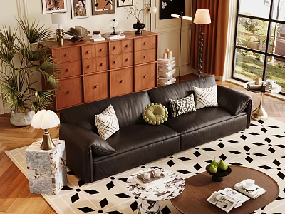 Modern Living Room Interior With Black Leather Sofa Coffee Table Throw Pillows And Geometric Rug 3d model