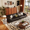 Modern Living Room Interior With Black Leather Sofa Coffee Table Throw Pillows And Geometric Rug