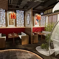 Modern Restaurant Interior With Transparent Spherical Dining Pod Red Sofa Bamboo Screens And Lantern Decorations