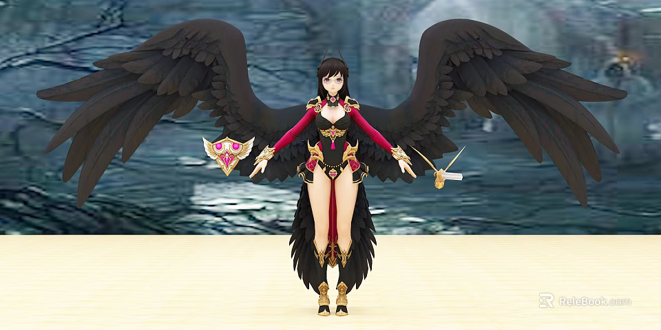 Fantasy Game Character With Large Black Wings Red Black Outfit Shield And Golden Sword 3d model 