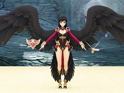 Fantasy Game Character With Large Black Wings Red Black Outfit Shield And Golden Sword 3d model
