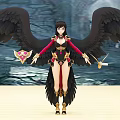 Fantasy Game Character With Large Black Wings Red Black Outfit Shield And Golden Sword
