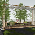 Courtyard Garden Design With Wooden Deck Canopy Curtains Surrounding Trees Grass And Stone Path