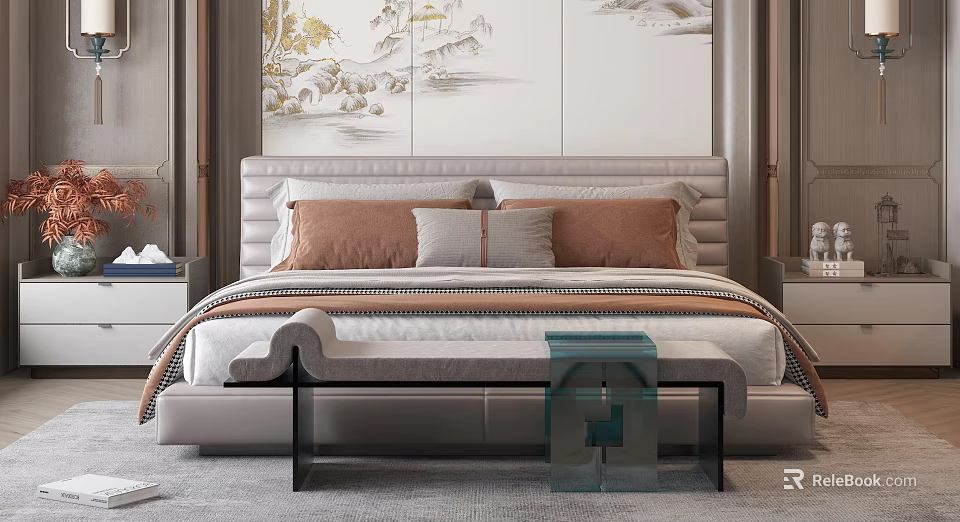 Elegant Modern Double Bed Interior With Landscape Wall Nightstands And Bench 3d model
