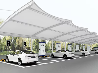 Membrane Structure Carport with Charging Piles Modern Parking Area for White Cars 3d model