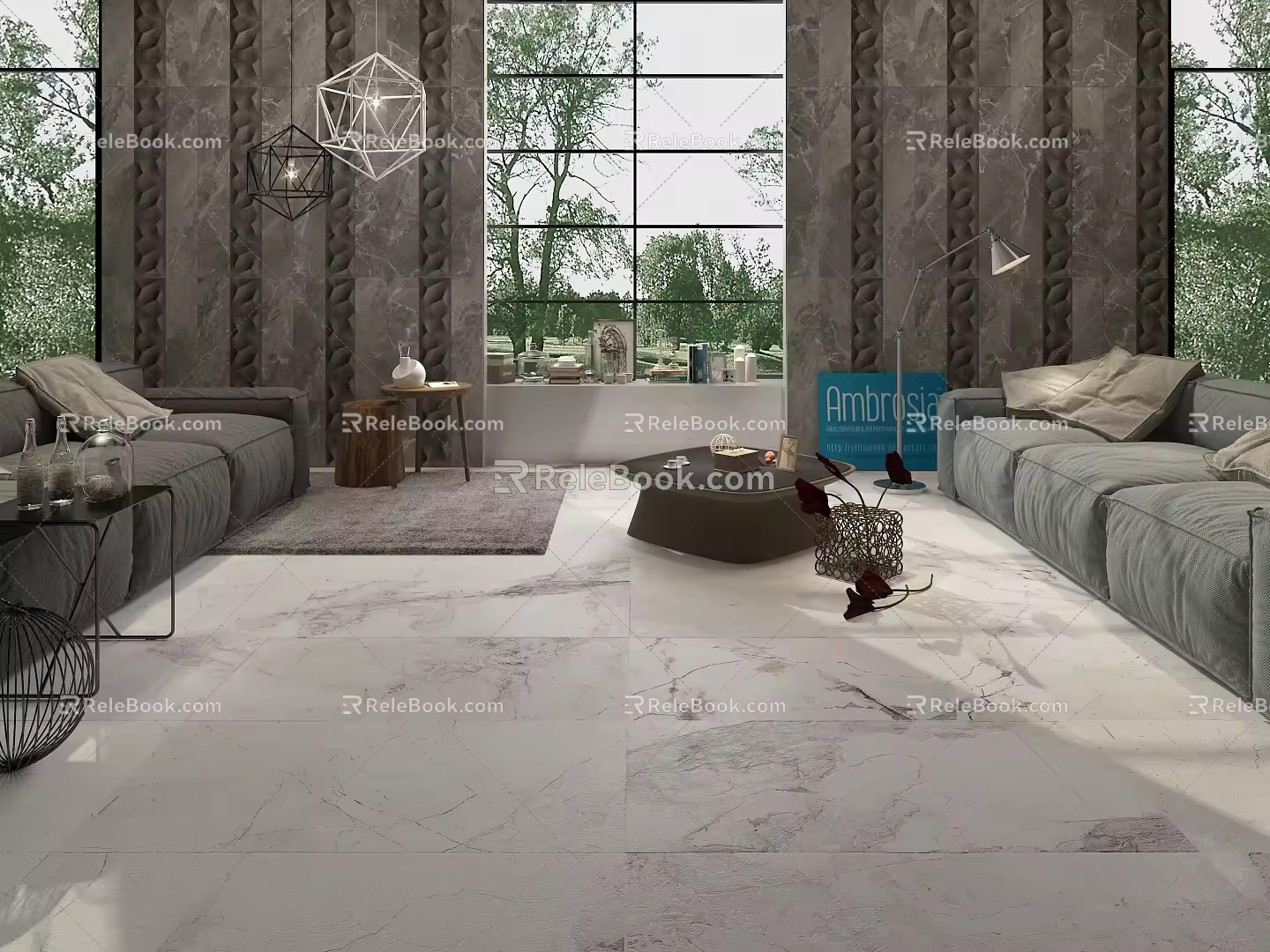 Fabric multi-person sofa coffee table chandelier combination 3d model