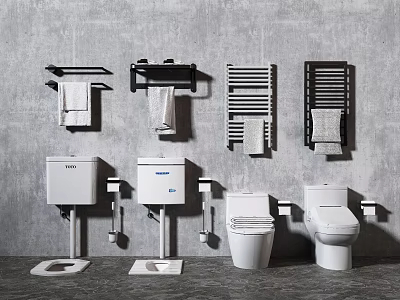 Various Toilet Designs Featuring Towel Racks and Radiators on Gray Wall 3d model
