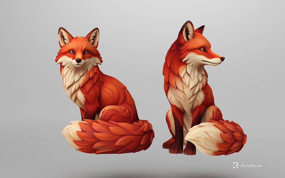 Two Red and White Sitting Fox Statues as Decorative Figurine 3d model 