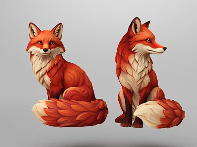 Two Red and White Sitting Fox Statues as Decorative Figurine 3d model